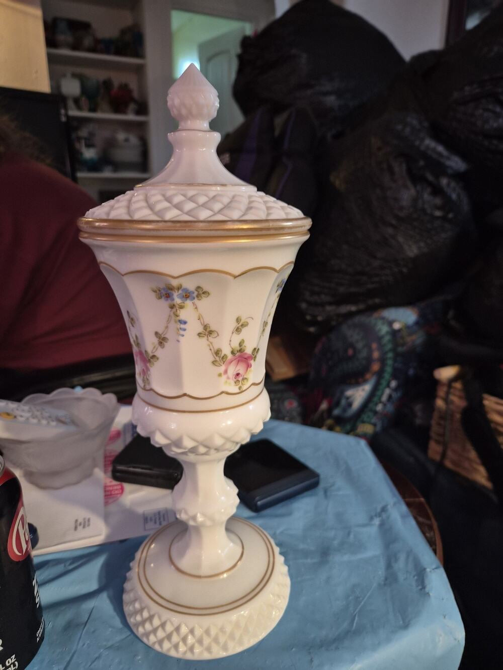 Vintage Westmoreland Glass Milk Glass Footed Urn With Lid Has Handpainted Roses